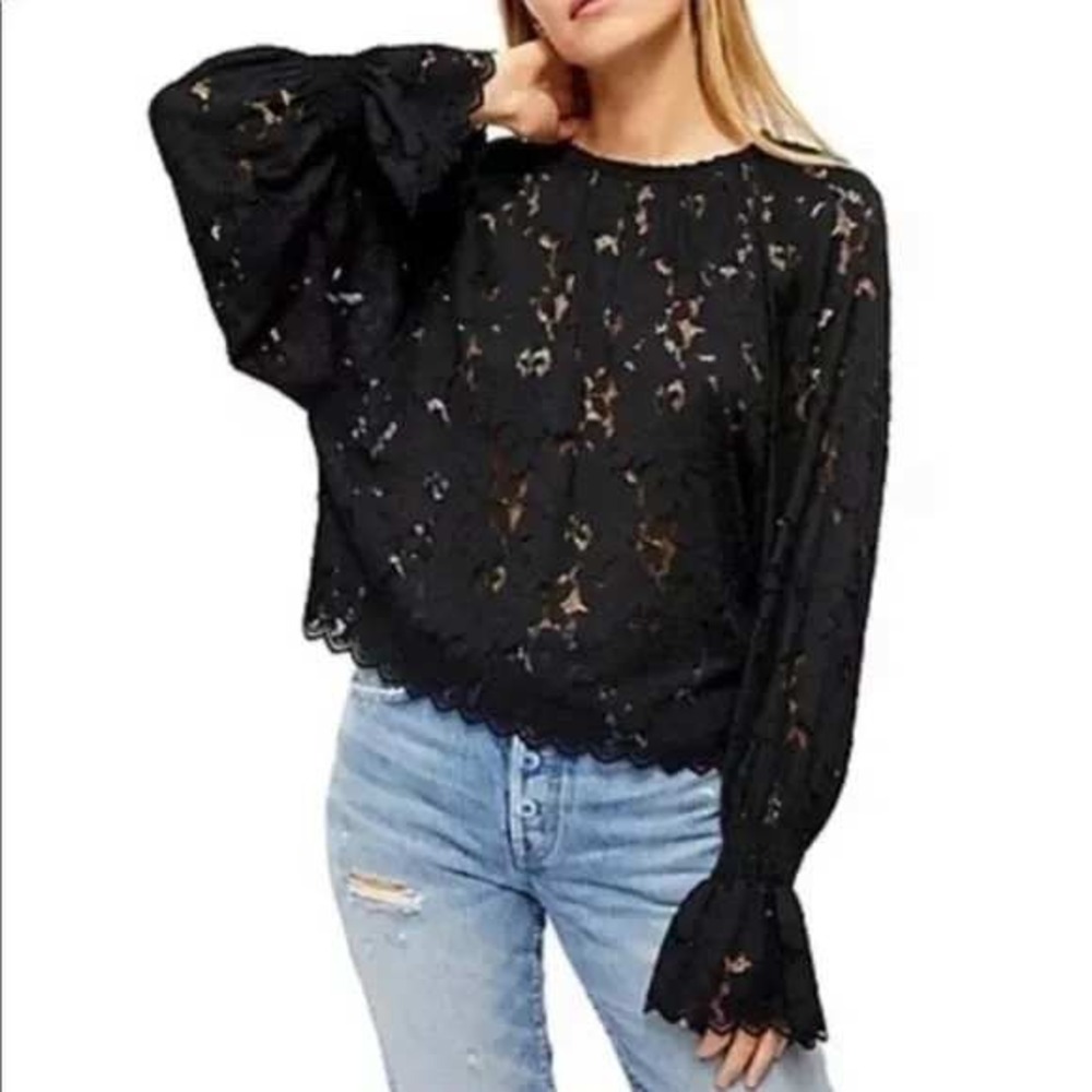 Free People Black Lace Long-Sleeve Peasant Blouse